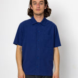 Person wearing a blue short-sleeve shirt against a white background