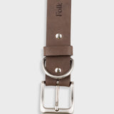 A brown leather belt with a silver-tone metal buckle and hardware, featuring the brand name 'Folk' debossed on the strap, shown against a light gray background.