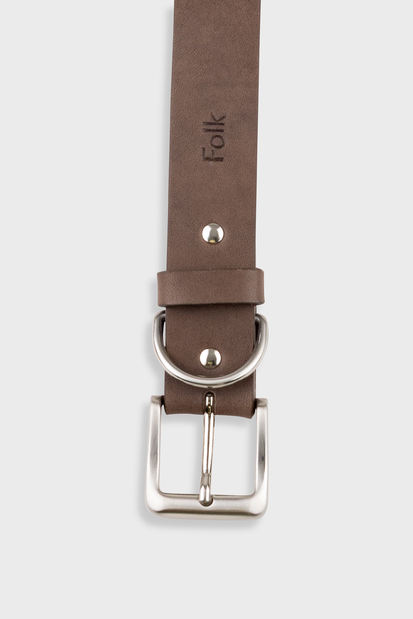 A brown leather belt with a silver-tone metal buckle and hardware, featuring the brand name 'Folk' debossed on the strap, shown against a light gray background.