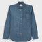 A blue long-sleeve button-up shirt with a single chest pocket, displayed flat against a light gray background.