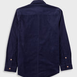 A dark navy blue long-sleeve button-up shirt shown from the back, featuring a subtle corduroy texture and copper-toned buttons on the cuffs, set against a light gray background.