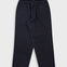 A pair of dark navy blue jogger pants with an elastic waistband, laid flat against a light gray background.