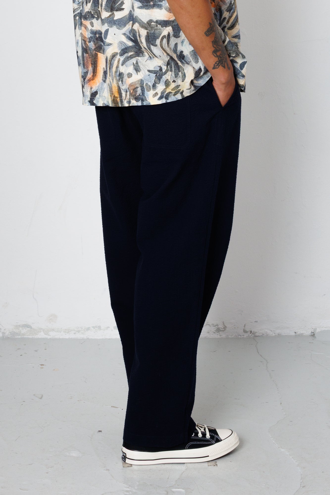 Folk | Folk Drawcord Loose Trousers - Navy Seersucker