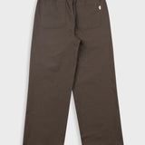 A pair of dark brown trousers shown from the back, featuring an elastic waistband, two large back patch pockets, and a small white circular logo on the upper right side, displayed against a light gray background.
