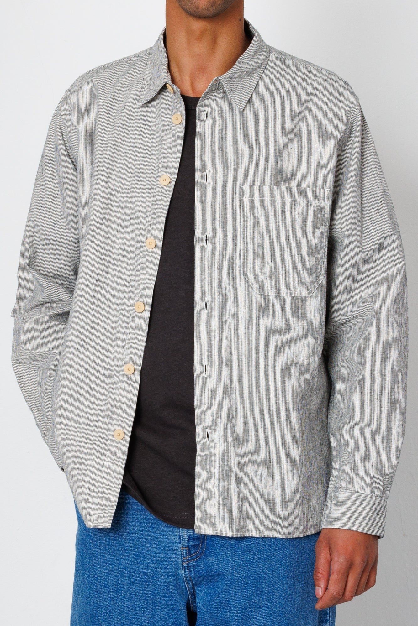 Folk | Folk Easy Fit Shirt - Black Linen Stripe