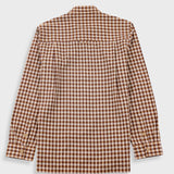 A brown and beige gingham check long-sleeve shirt shown from the back, laid flat against a light gray background.