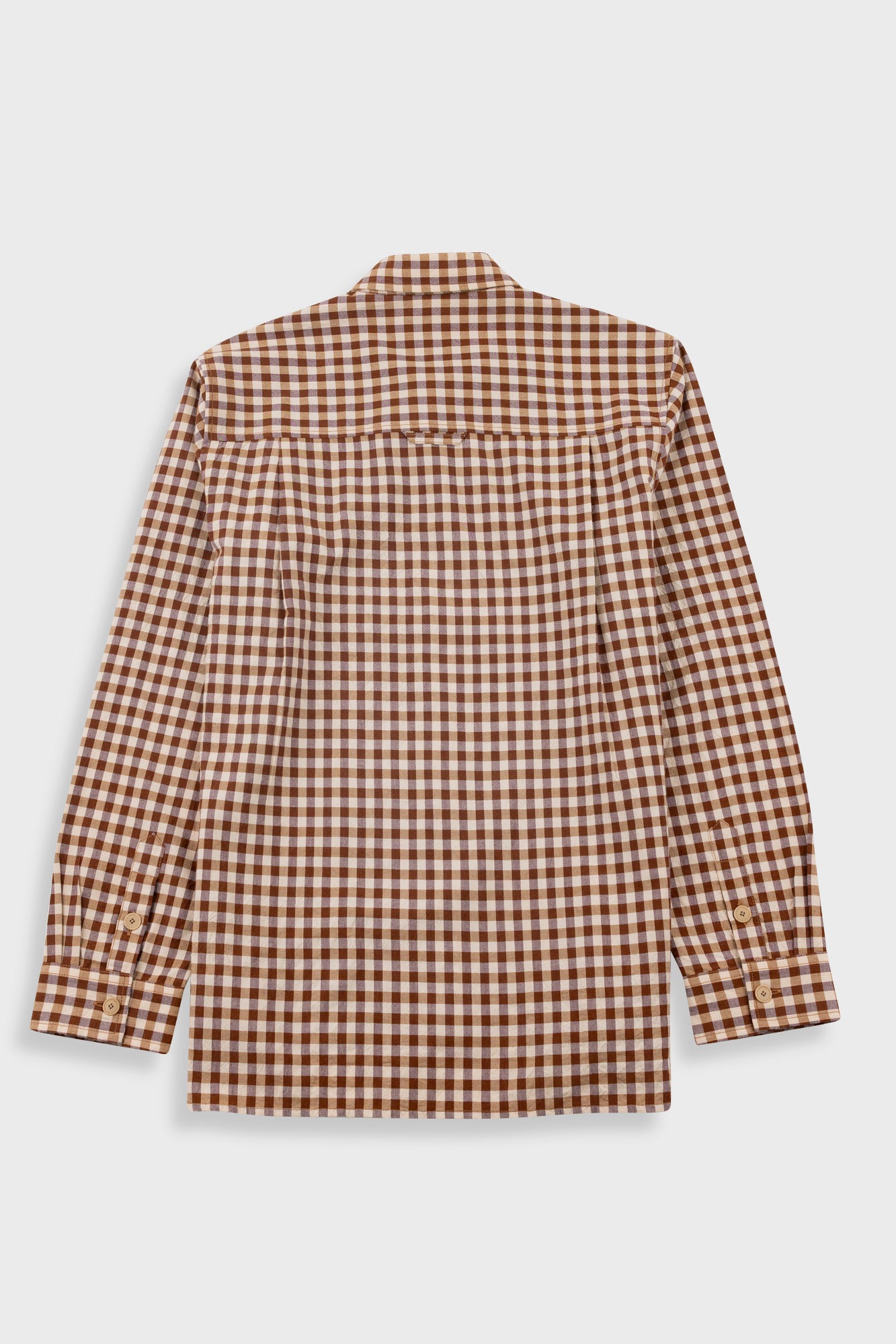 A brown and beige gingham check long-sleeve shirt shown from the back, laid flat against a light gray background.