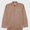 A long-sleeve button-up shirt with a brown and beige gingham check pattern, featuring a single chest pocket and a pointed collar, shown against a light gray background.