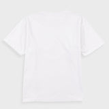 A white short-sleeve crewneck t-shirt shown from the back, laid flat against a light gray background.
