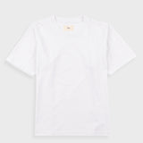 A plain white short-sleeve crewneck t-shirt laid flat against a light gray background.