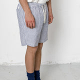 Person wearing blue and white striped shorts with a white shirt and black shoes on a plain background