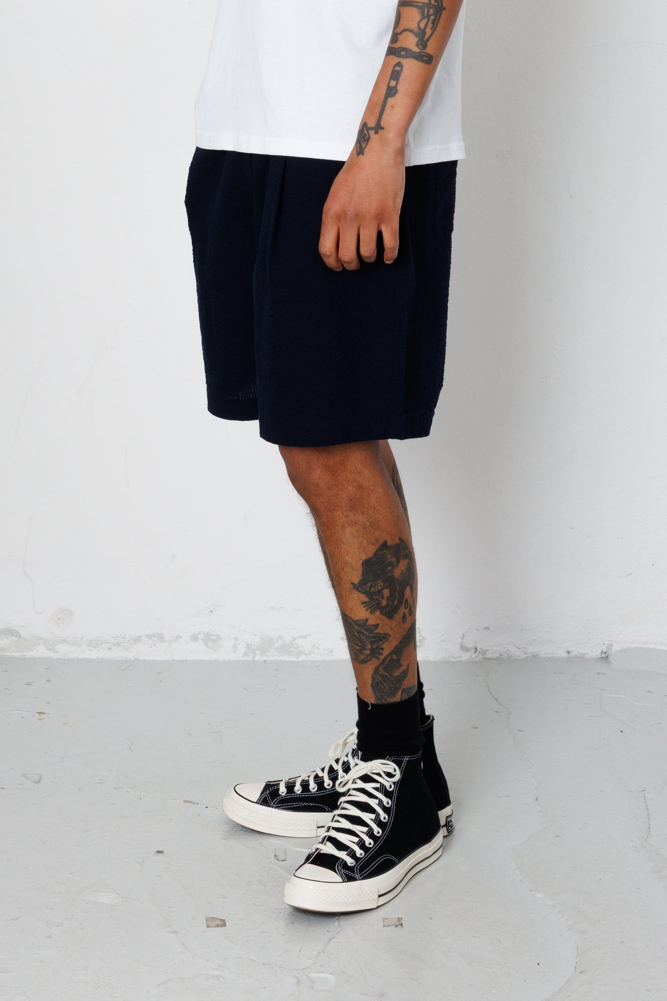 Folk | Folk Elasticated Wide Fit Short - Navy Seersucker
