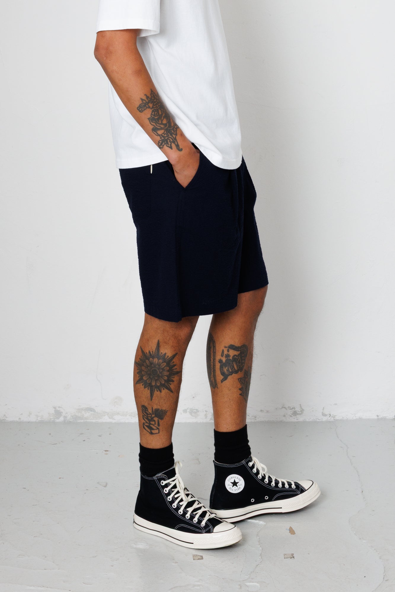Folk | Folk Elasticated Wide Fit Short - Navy Seersucker