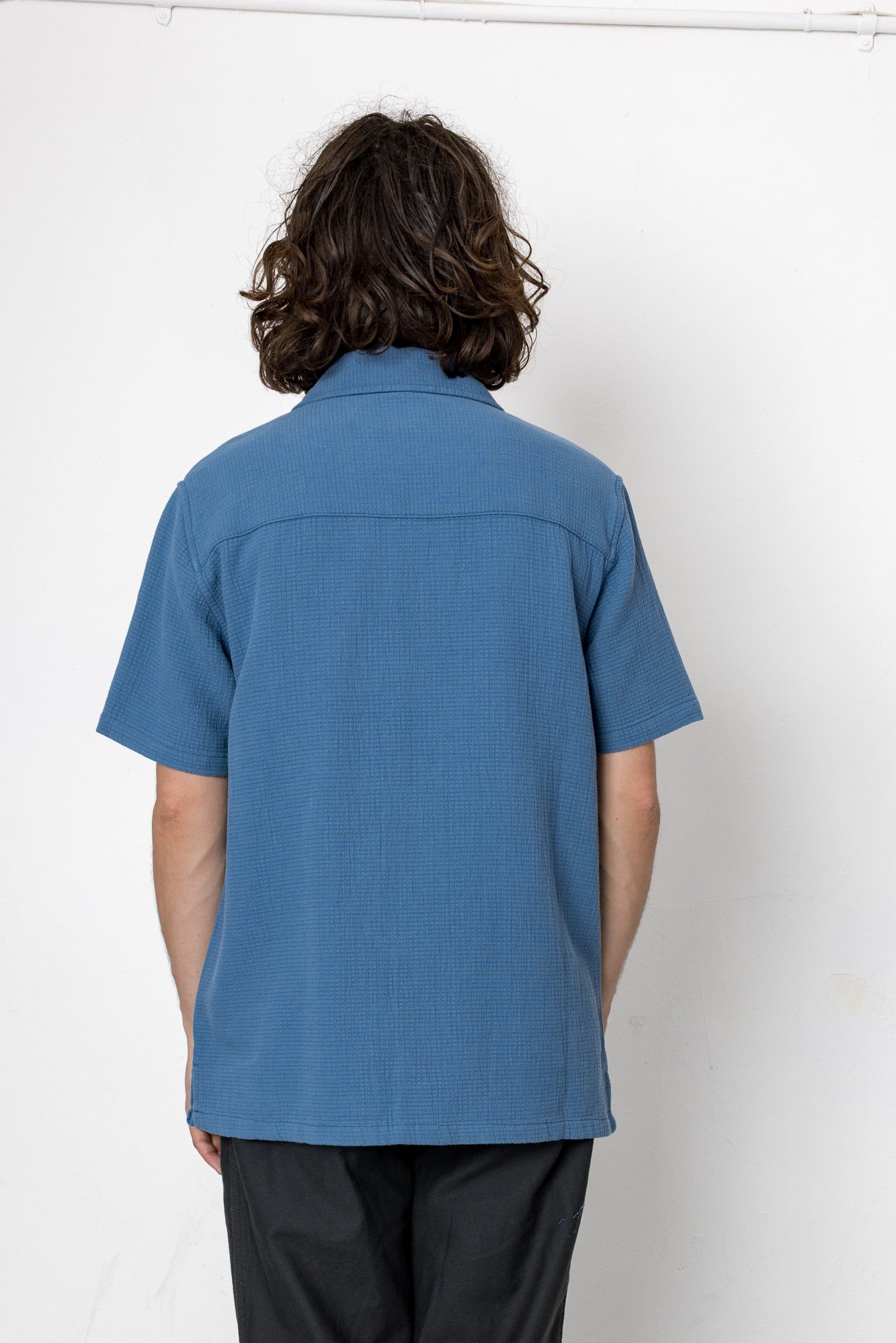 Person wearing a blue shirt from behind on a white background