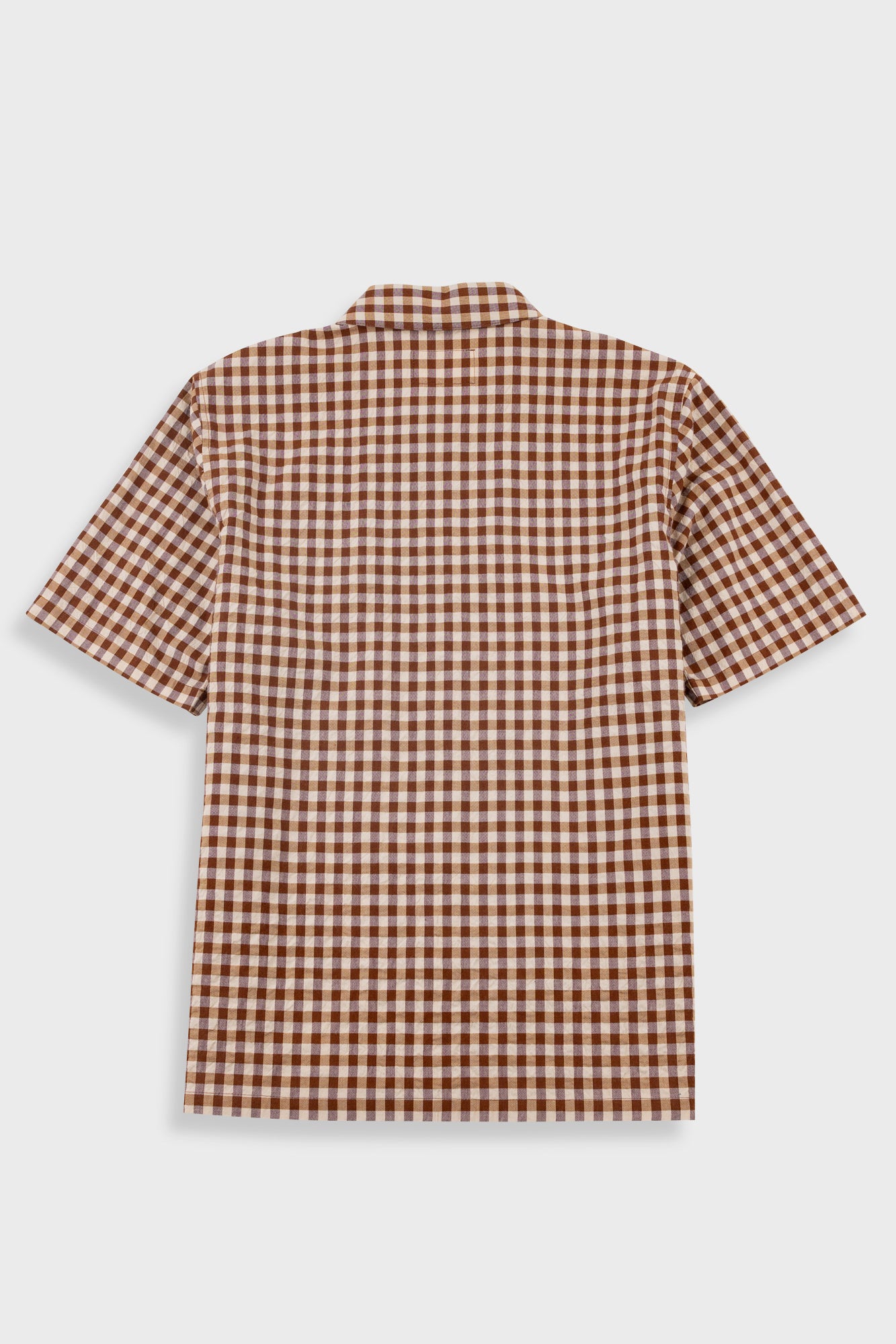A short-sleeve button-up shirt with a brown and beige gingham check pattern, shown from the back on a light gray background.
