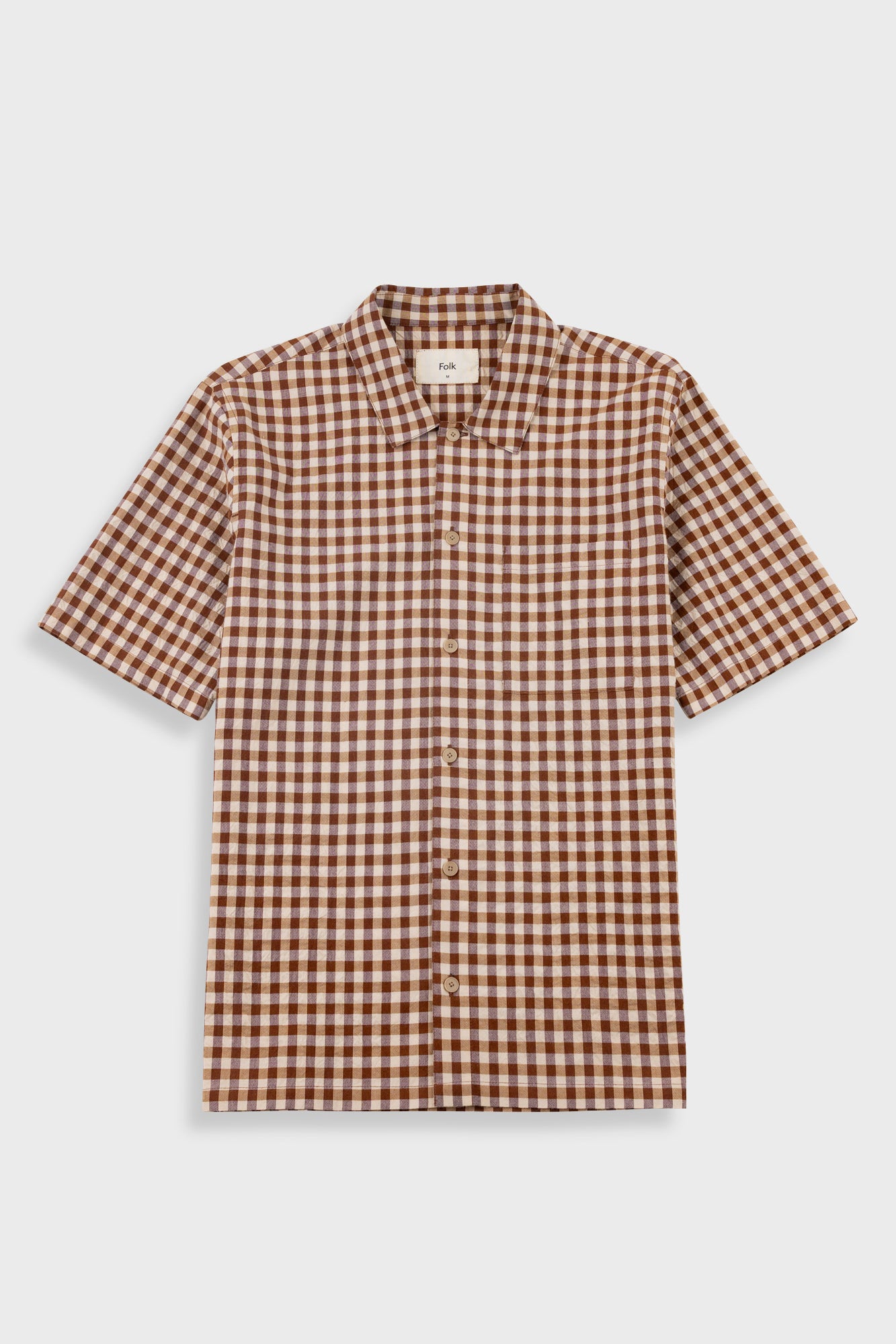 A short-sleeve button-up shirt with a brown and beige gingham check pattern, displayed flat against a light gray background.