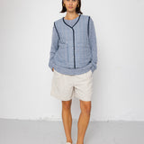Person wearing a blue striped vest over a blue jumper and white shorts against a white background 