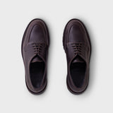 A pair of dark brown leather lace-up shoes shown from a top-down view on a light gray background.