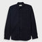 A dark navy blue long-sleeve button-up shirt with a single chest pocket, displayed flat against a light gray background.