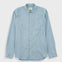 A light blue long-sleeve button-up shirt with a single chest pocket, laid flat against a light gray background.