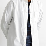 A man wearing a white long-sleeve button-down shirt over a navy blue and white striped t-shirt, paired with blue jeans, shown from the chin down against a plain white background.