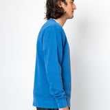 Person wearing a blue sweater against a white background