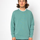 Person wearing a teal sweater with a white background