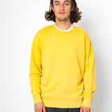 Person wearing a yellow sweatshirt against a white background