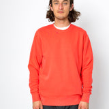 Person wearing a bright red sweatshirt against a white background