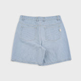 Light blue denim shorts on a white background