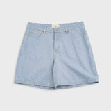 Light blue denim shorts on a white background