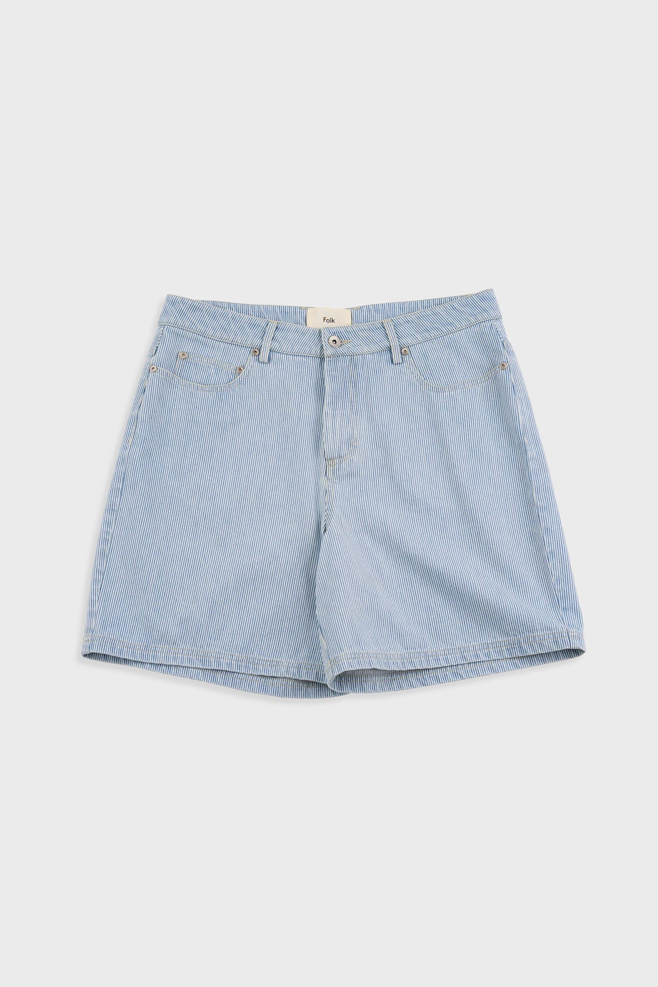 Light blue denim shorts on a white background