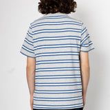 Person wearing a blue and white striped shirt against a plain background
