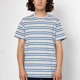 Person wearing a blue and white striped t-shirt against a plain background