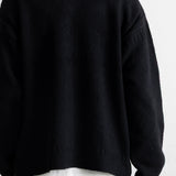 A person shown from the back wearing a black knit sweater over a white undershirt and brown pants, photographed against a plain light background.
