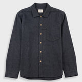 A dark charcoal gray long-sleeve button-up shirt jacket with a single chest pocket, laid flat against a light gray background.
