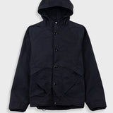 Black hooded jacket with buttons on a white background