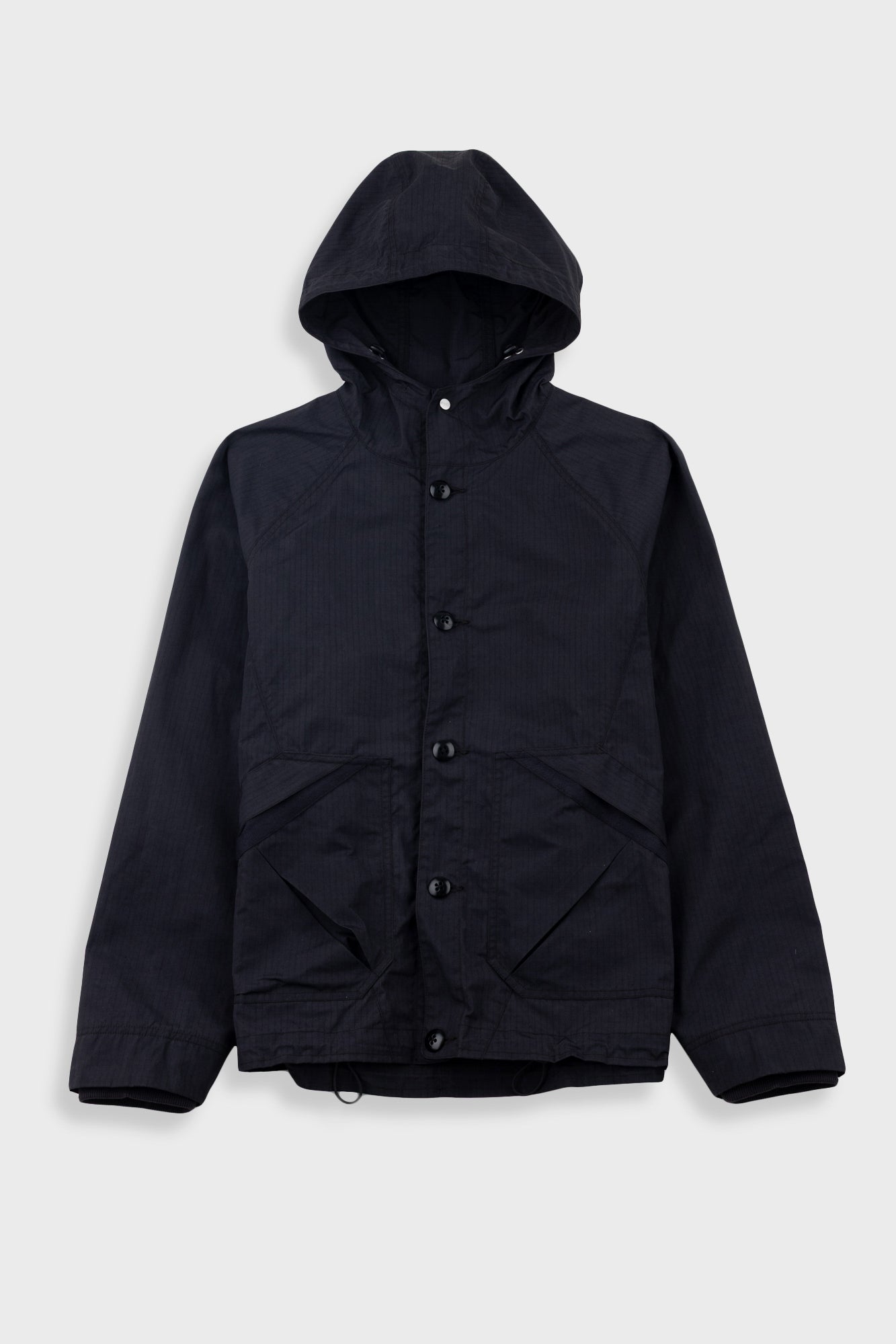 Black hooded jacket with buttons on a white background