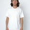 Person wearing a plain white t-shirt against a white background