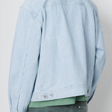 Light blue denim jacket worn by a person on a plain background