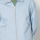 Light blue corduroy jacket with a zipper on a neutral background