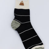 Black striped socks against a grey backgound