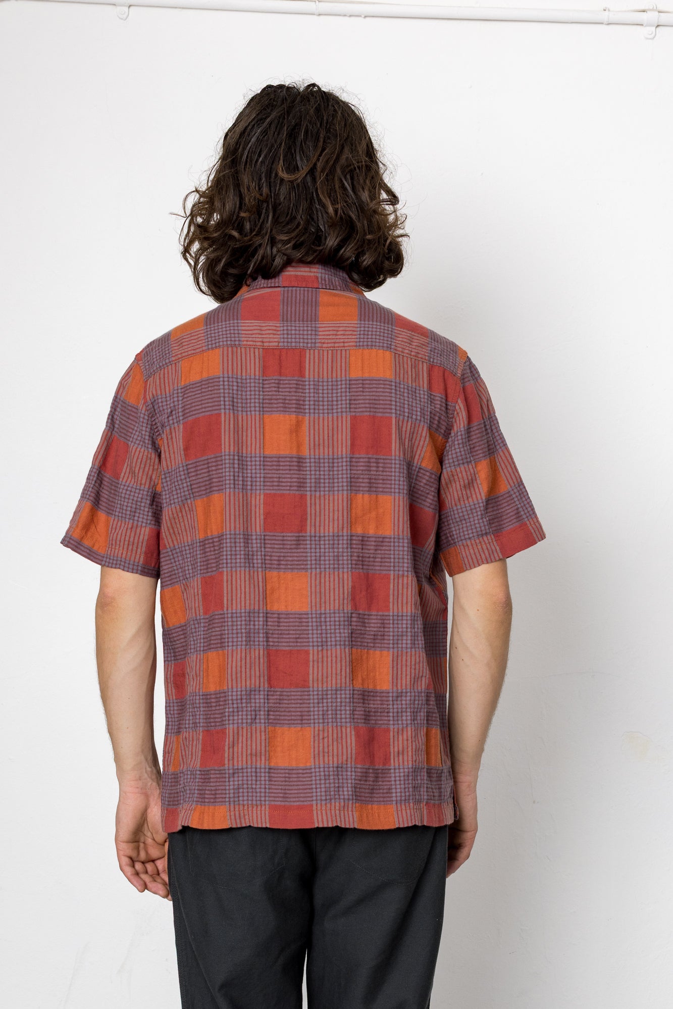 Person wearing a plaid shirt with a white background
