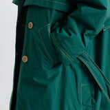 Close-up of a dark green trench coat with light tan buttons and contrast stitching, shown on a white background.