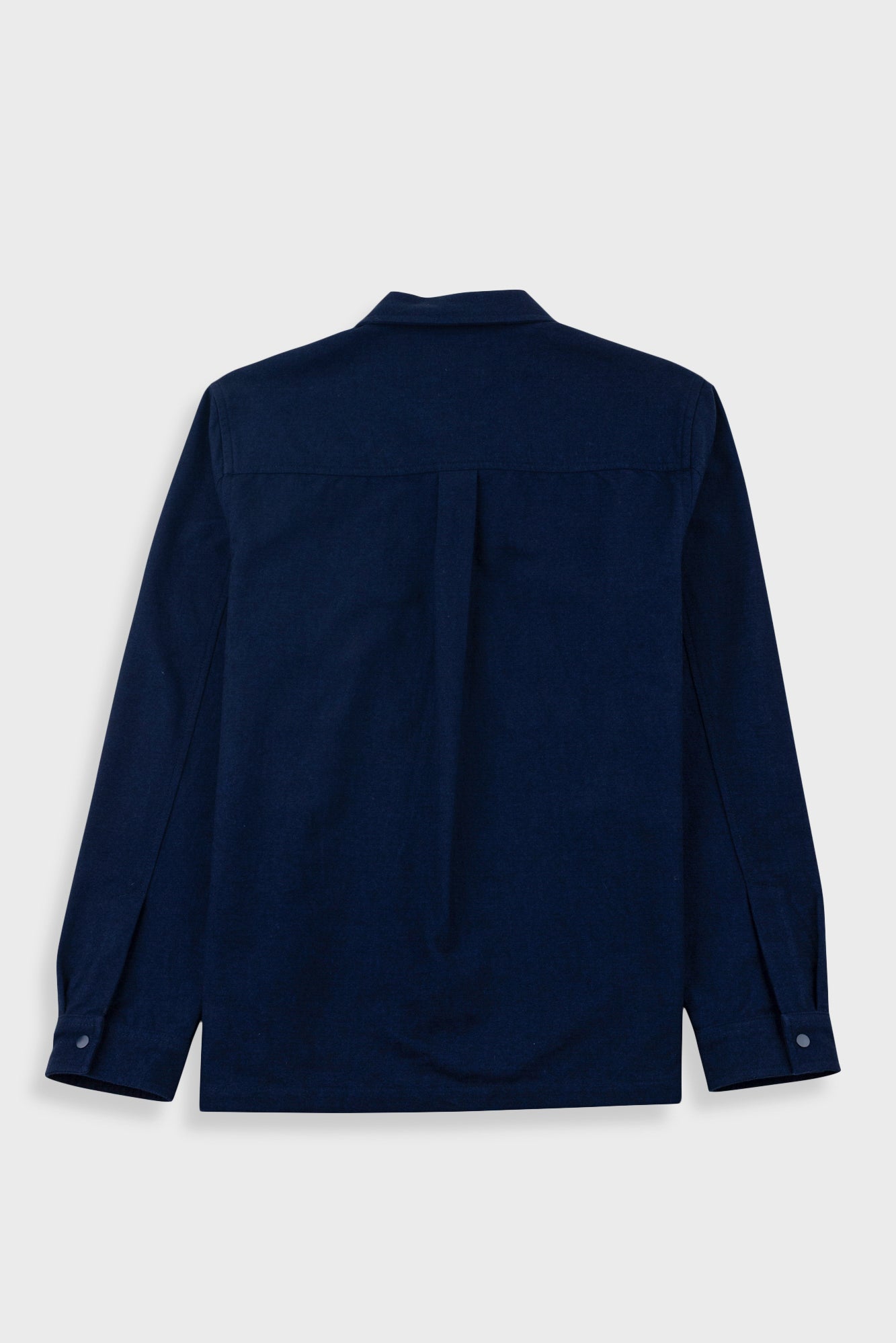 A dark navy blue long-sleeve button-up shirt shown from the back, laid flat against a light gray background.