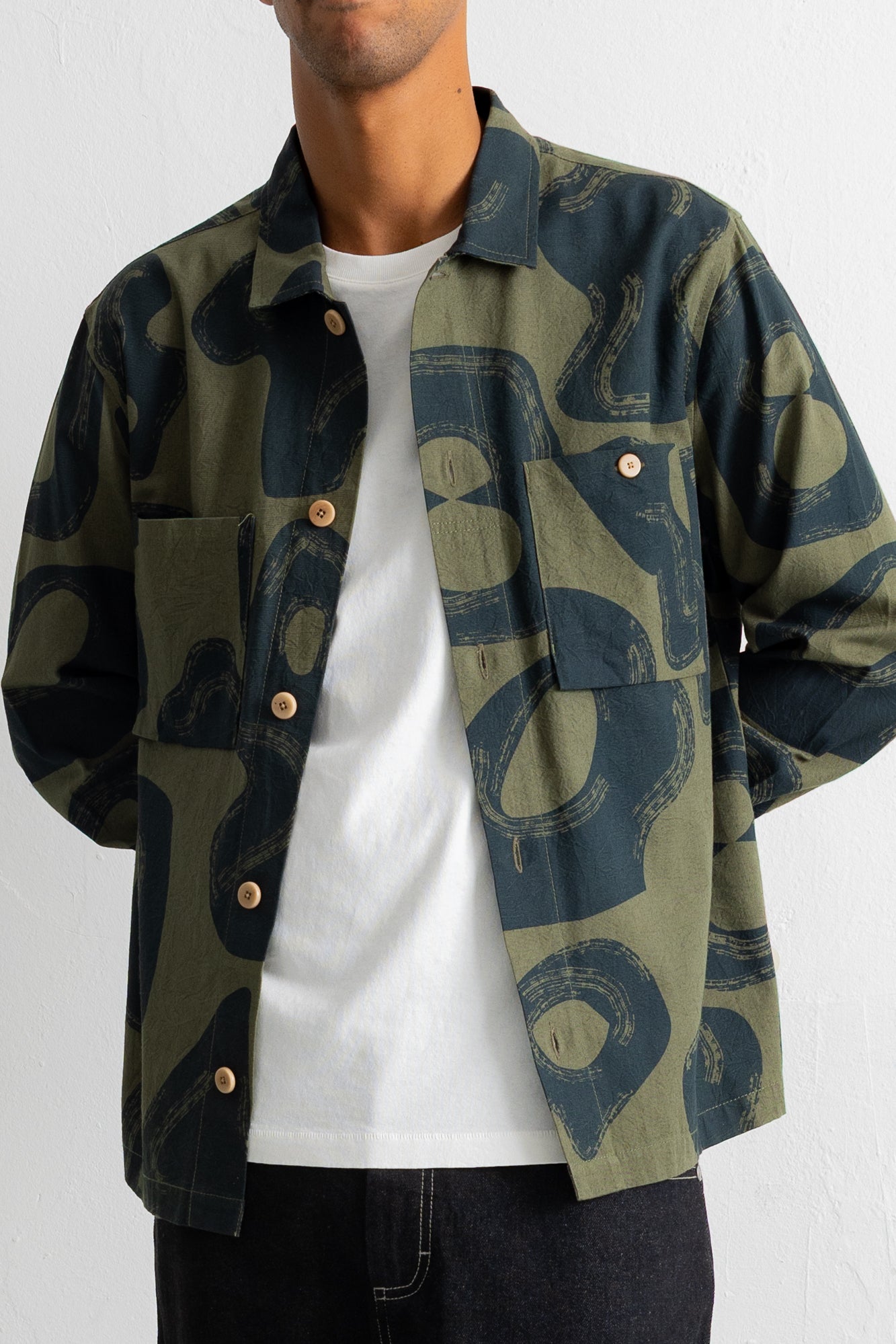 Folk | Folk Patch Overshirt - Olive Navy Cast Print