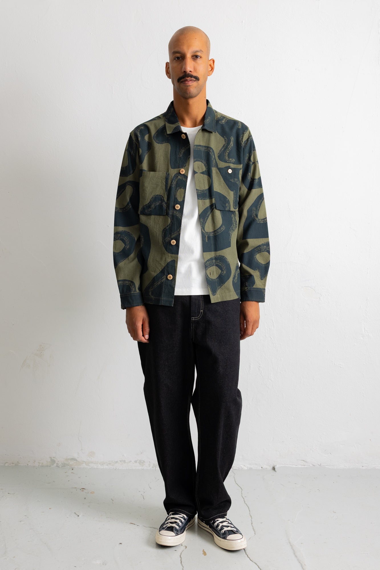 Folk | Folk Patch Overshirt - Olive Navy Cast Print