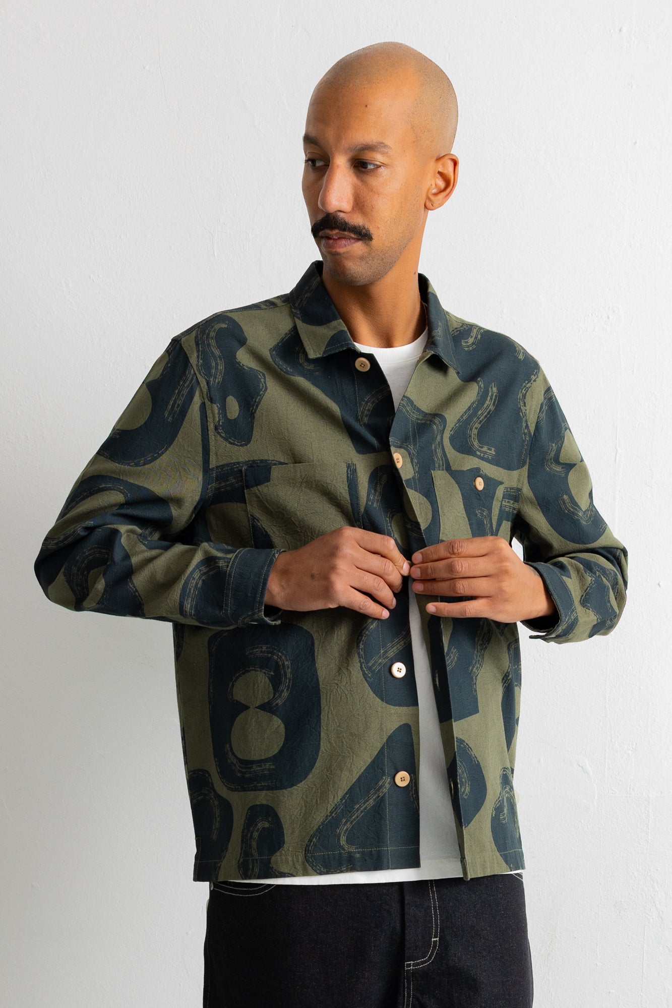 Folk | Folk Patch Overshirt - Olive Navy Cast Print