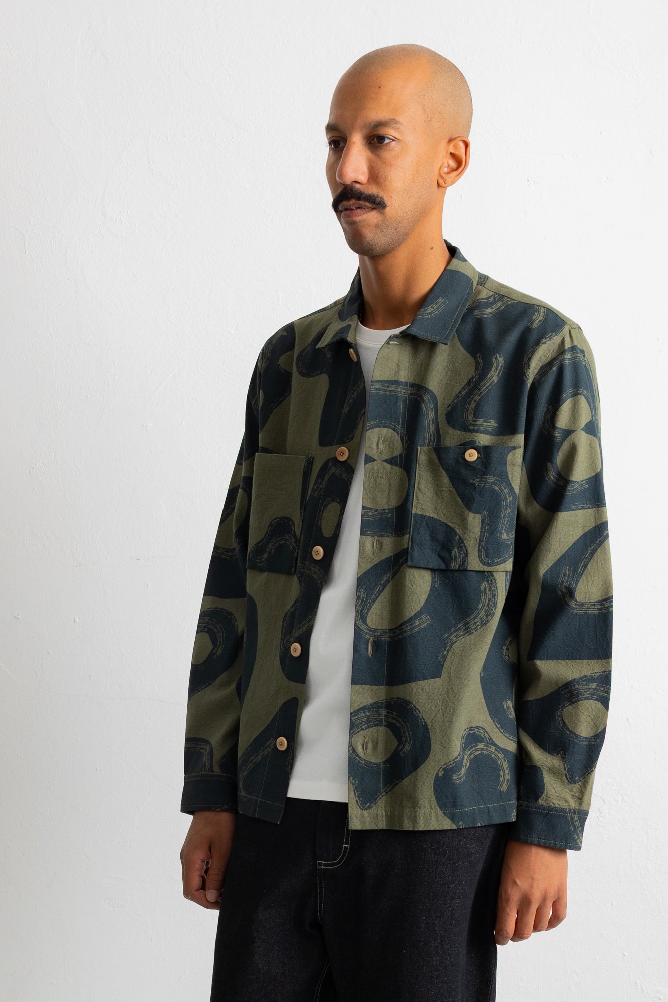 Folk | Folk Patch Overshirt - Olive Navy Cast Print