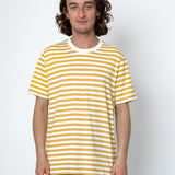 Person wearing a yellow and white striped t-shirt against a white background